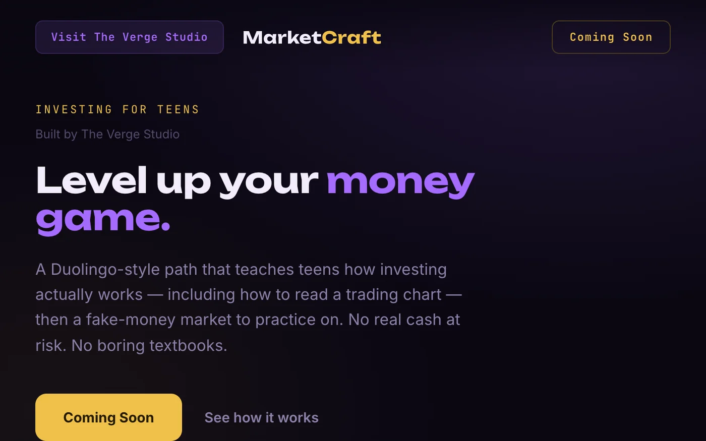 Screenshot of the MarketCraft website: Level up your money game
